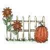 FENCE, SUNFLOWERS, AND PUMPKIN